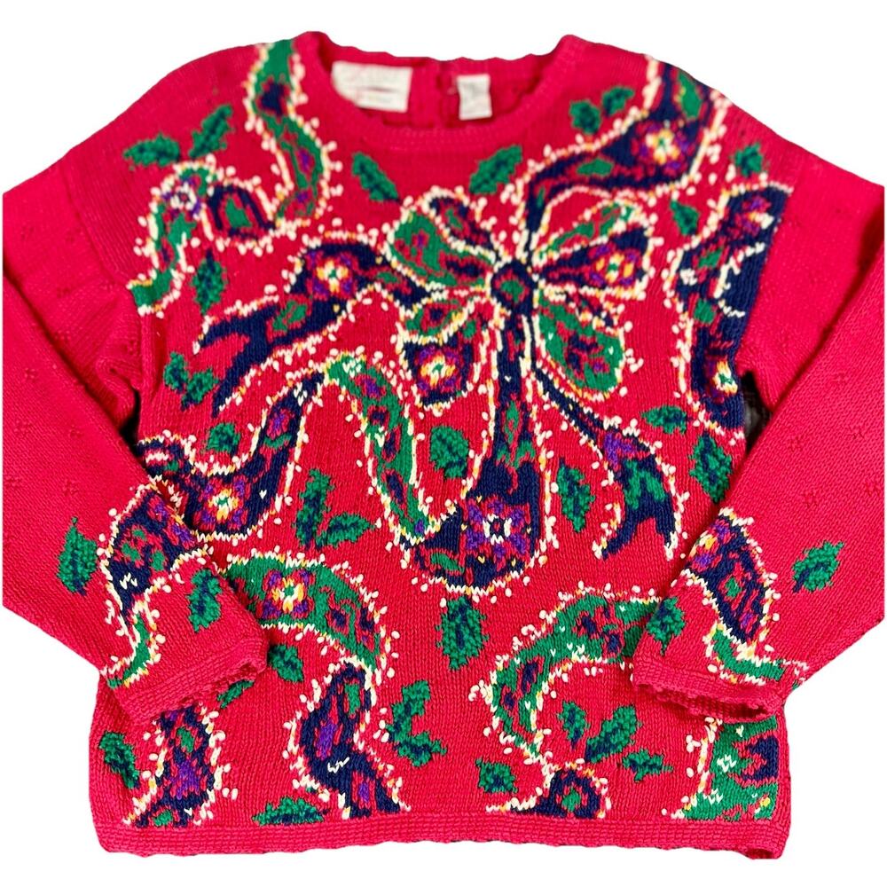 Vintage Northern Isles Hand Knit Sweater L Pink Floral Bow Ramie Cotton 80s 90s